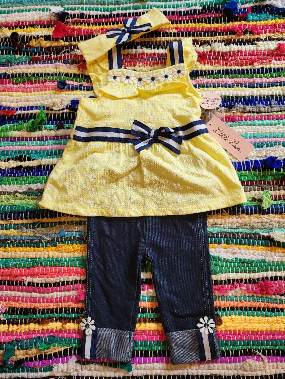 Little Lass Yellow Eyelet And Navy Set